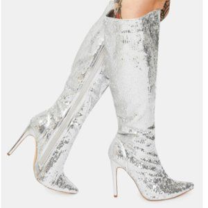 Chrome Sequin Knee High Boots